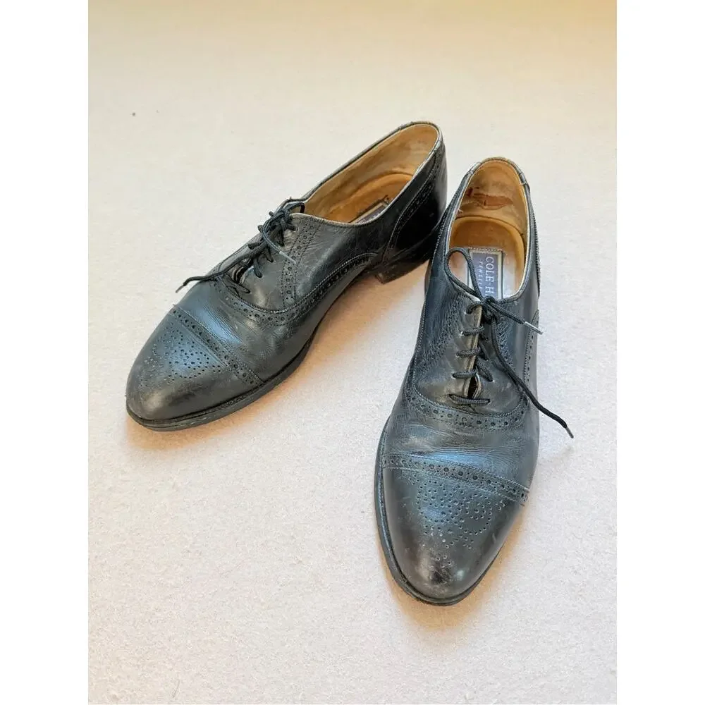 Cole Haan Black Leather Wingtip Oxfords men size 10.5 classic vintage old money